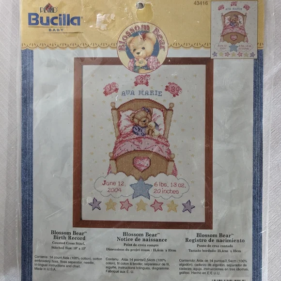 Bucilla Office Factory Sealed Bucilla Counted Cross Stitch Kit Baby Birth Record Blossom Bear Poshmark